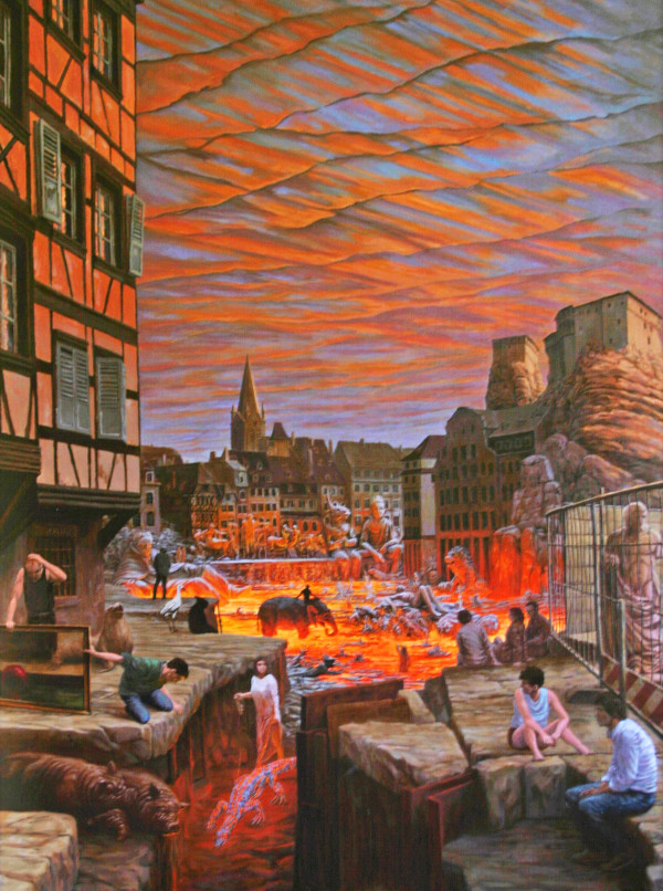 peinture fantasmagorique ville alsacienne eventrée par une faille coulante de lave